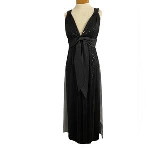 Kay Unger Black V-Neck Sequin Maxi Dress with Satin Sash